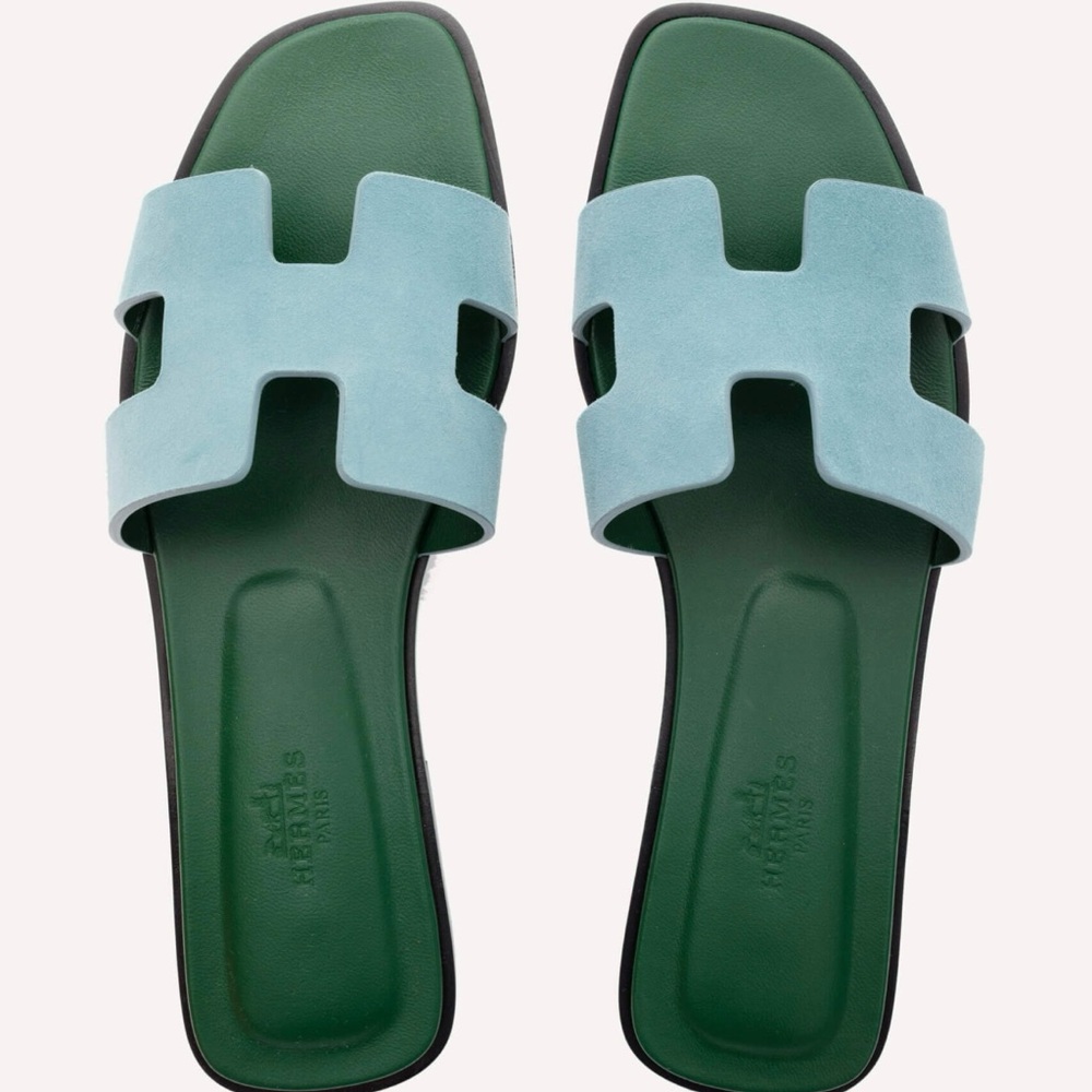 Hermes Oran Sandals Teal and Forest Green Women's